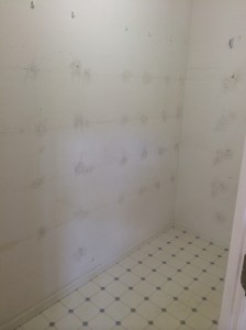 Before I could get a decent before picture, Darrell had the shelves out.  This is what it looked like empty with builder's grade primer on the walls.