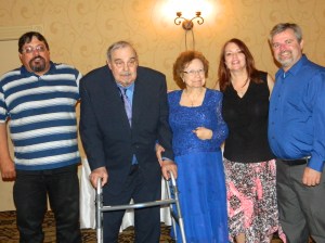 Our family today with a few more pounds and wrinkles.  From left to right, my brother, Kevin, Dad, Mom, me and my husband, Darrell